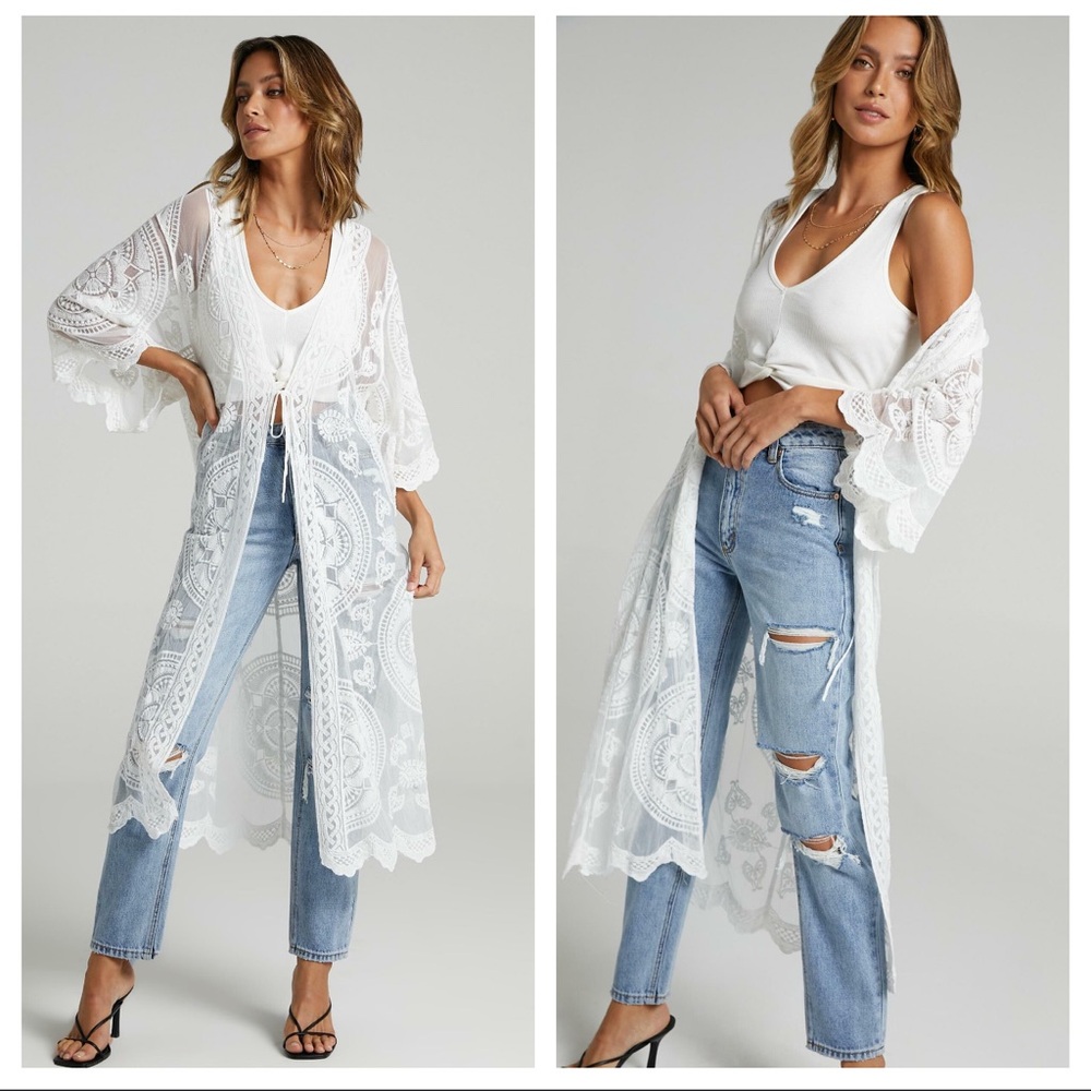 Showpo Off The Grid Kimono – White Crochet Mesh – Size 6 (AU/US 2/UK 6/EU 34)